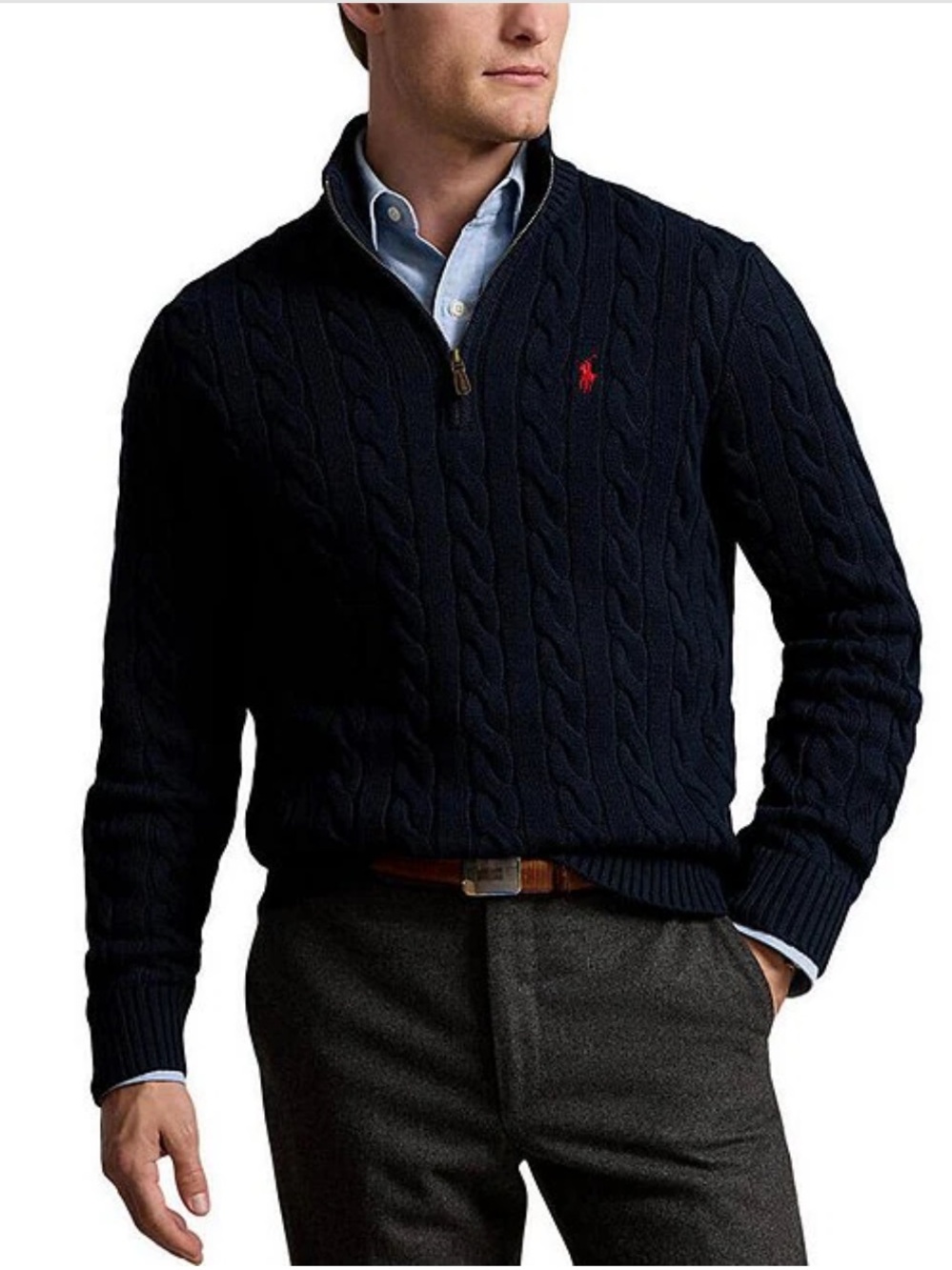 Polo by Ralph Lauren Navy Cable-Knit Half-Zip Sweater with Red Pony